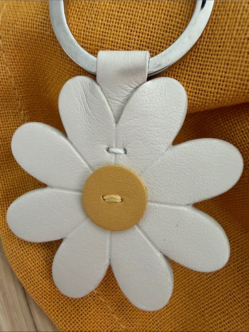 Coach Cream Leather Daisy Keyring with Silver Hardware